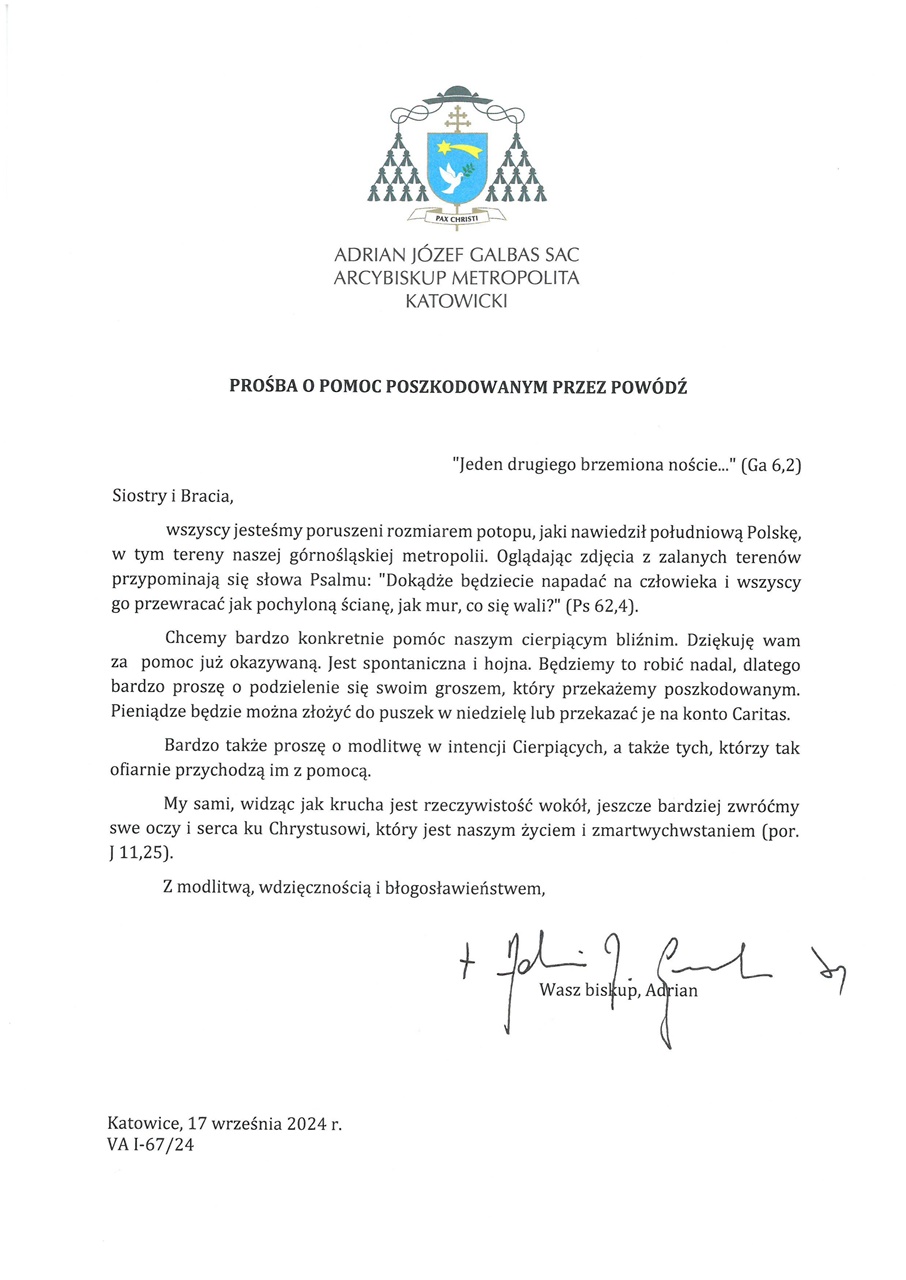 Abp Adrian Galbas prośba o pomoc dla powodzian